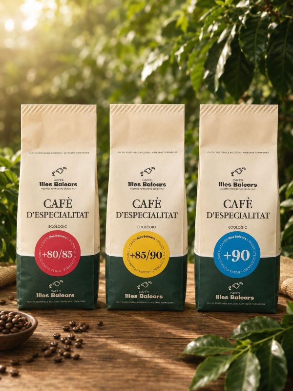 CafE-de-Especialidad-en-Mallorca-Tueste-Artesanal-2 Tres bolsas de papel kraft de Café de Especialidad Ecológico de Cafés Illes Balears en un entorno natural con hojas de cafeto y grano suelto. Las bolsas muestran las diferentes puntuaciones de cata (+80/85, +85/90, +90) sobre sellos de colores (rojo, amarillo, azul).
