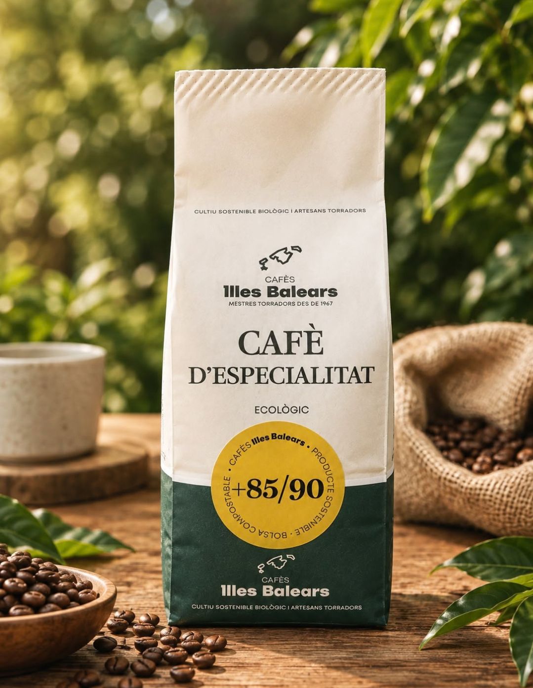 Presentación del paquete de café de especialidad ecológico Brasil 85 puntos SCA de Cafès Illes Balears sobre mesa de madera rodeado de granos tostados y naturaleza.
