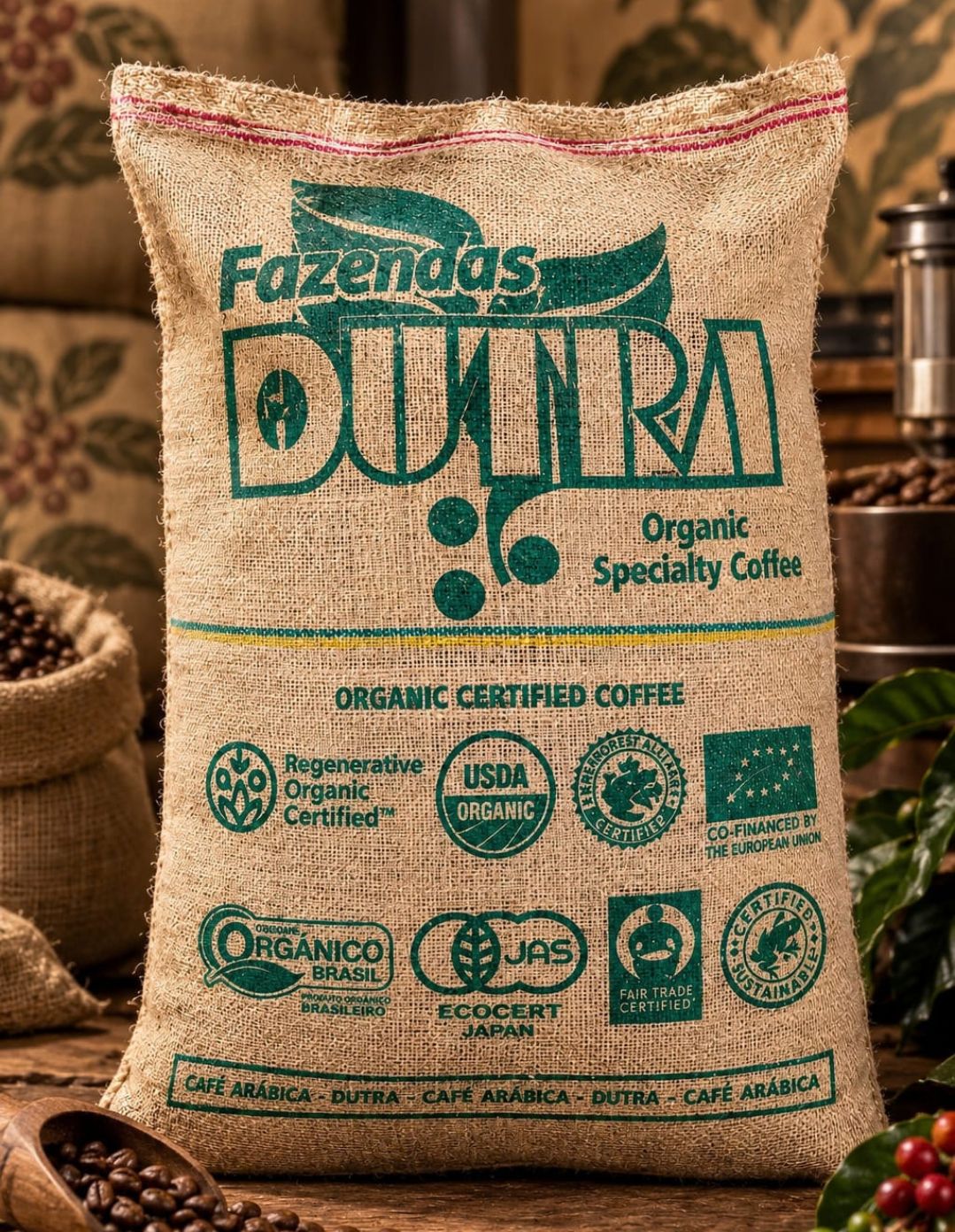 Saco de yute de café de especialidad orgánico Fazendas Dutra de Brasil con sellos de certificación ecológica, listo para tueste artesanal en Cafès Illes Balears en Son Ferriol, Mallorca.
